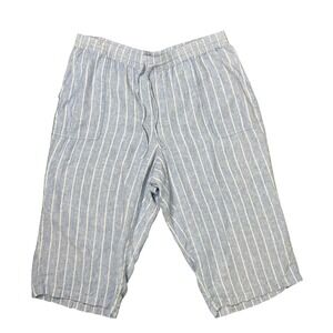 Lands End Womens 2X 100% Linen Striped High Rise Crop Pants Blue White